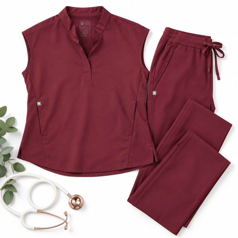 FIGS Technical Collection Scrub Set Top XS Pants S/T Top Burgundy Kade Rafaela